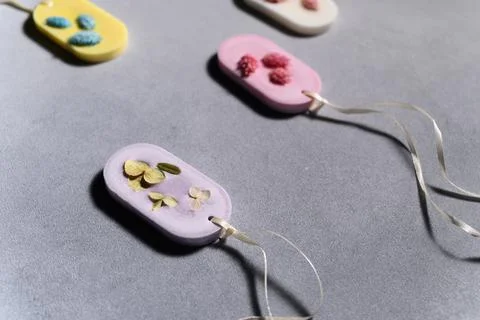 Gray Textured Background. Flat Lay Florentine Sachet Handcrafted in Different Stock Photos