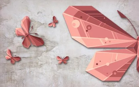 Gray textured background, large and small pink paper butterflies Stock Illustration