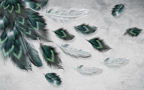 Gray textured background, large green and gray feathers Illustrazione stock