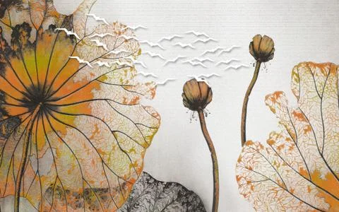 Gray textured background, large orange leaves of a water lily Stock Illustration