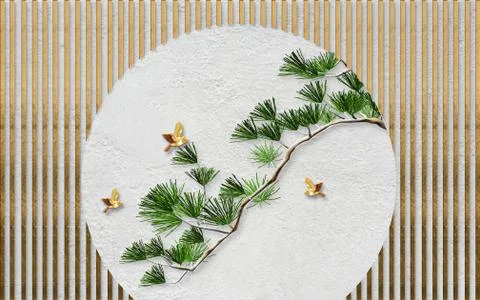 Gray textured background, large thin pine branch, abstract golden birds Stock Illustration