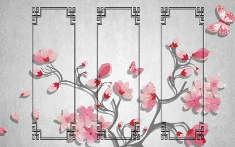 Gray textured background, ornamental frames, pink flowers and butterflies Stock Illustration