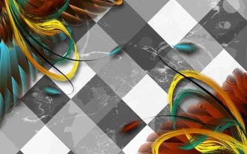 Gray tiled background, bright long yellow, red, blue and green feathers Stock Illustration