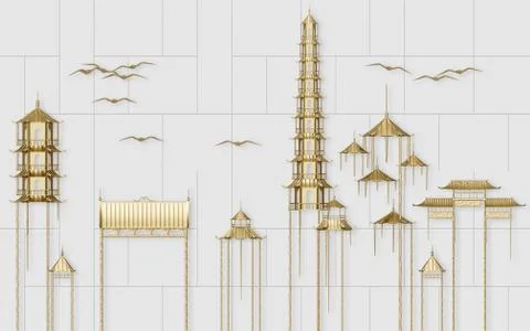 Gray tiled background, golden roofs of oriental buildings, golden birds Stock Illustration
