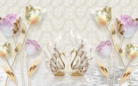 Gray tiled background, large gilded tulips, a pair of jewelry swans Stock Illustration