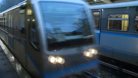 Gray train passes the station. Moscow, Russia, 03.05.2018 Stock Footage 94484816
