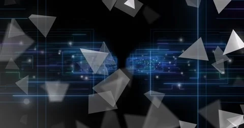 Gray triangular shards drifting inward from edges swirling glowing circuits Stock Footage 316623788