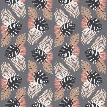 Gray tropical leaf seamless pattern with monstera palm tropical carved leaf Stock Illustration