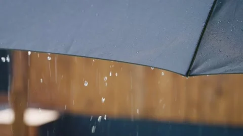 Gray umbrella close up. Raindrops run down from the surface of the umbrella. Видео 159576569