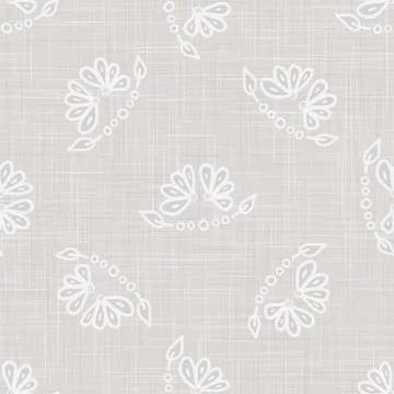 Gray vector french linen texture background. Printed with white daisy leaf Stock Illustration