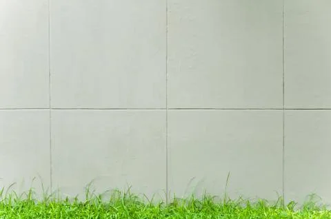 Gray wall with green grass Stock Photos