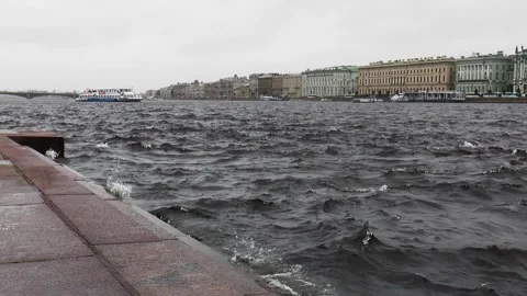 Gray waves of the Neva River on a rainy autumn day. Stock Footage 340878307