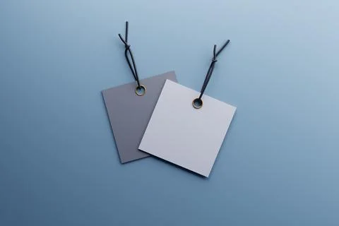Gray, white gift tags, string, blue background, mockup Stock Illustration