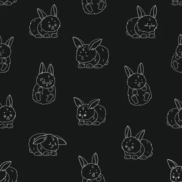 Gray white repeat seamless pattern of rabbits with different emotions. Happy, Stock Illustration