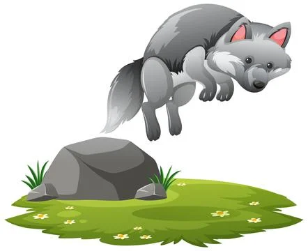 Gray Wolf Jumping Over Rock on Grassy Meadow Stock Illustration