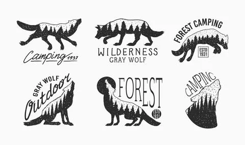 Gray wolf logo and badge. Forest and mountain and hill. Double exposure Concept Stock Illustration