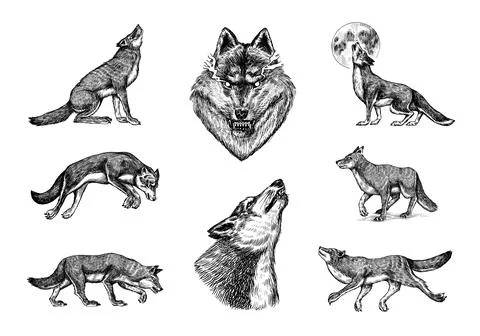 Gray wolf set. Gray wolf. A predatory beast. Wild forest animal. Vector Engraved Stock Illustration