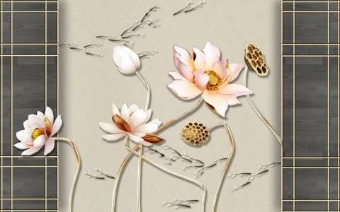 Gray wooden frames and large pink gilded water lilies on a beige background Stock Illustration