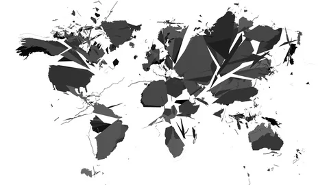 Gray world map explodes into pieces and falls to the ground - on white (4K) Video stock 101616436