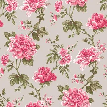 Gray,Background,With,Pink,Flowers,And,Green,Leaf,Seamless,Pattern Stock Illustration