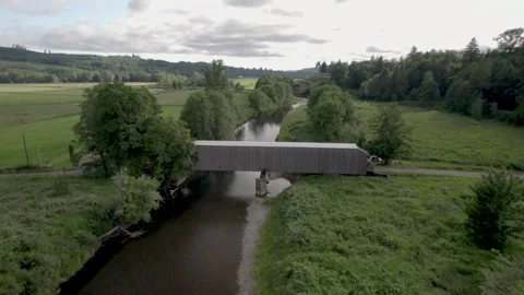 Grays River Covered Bridge Drone Fly Over 2 Stock-Footage 318312162