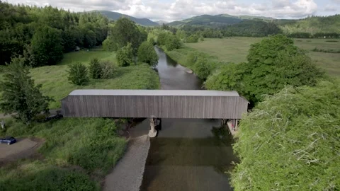Grays River Covered Bridge Drone Fly Over 3 Stock Footage 318312164