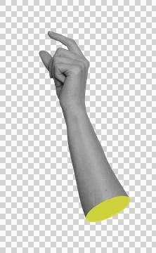 Grayscale arm raised holding small invisible object between fingertips. Mon.. 库存照片