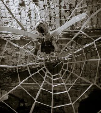A grayscale of an artificial spider web with a fly on background of weathered Stock Photos