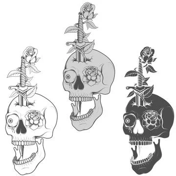 Grayscale Dagger Skull and Roses Vector Design Illustrazione stock