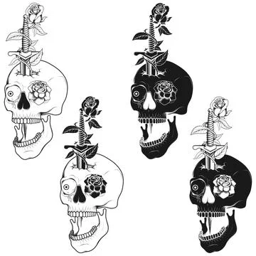 Grayscale Dagger Skull and Roses Vector Design イラスト素材