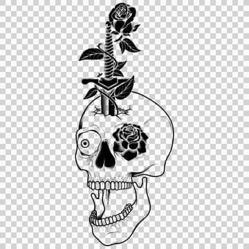 Grayscale Dagger Skull and Roses Stock Illustration