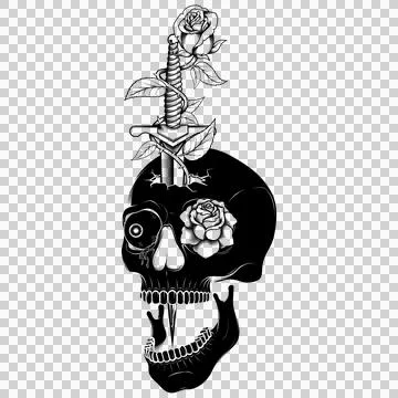 Grayscale Dagger Skull and Roses Stock Illustration