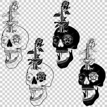 Grayscale Dagger Skull and Roses Stock Illustration