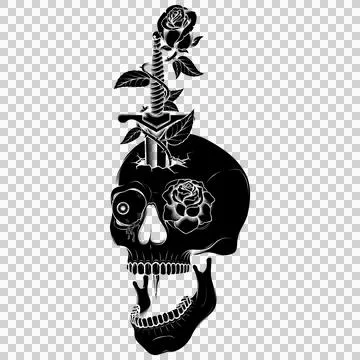 Grayscale Dagger Skull and Roses Stock Illustration
