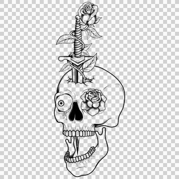 Grayscale Dagger Skull and Roses Stock Illustration