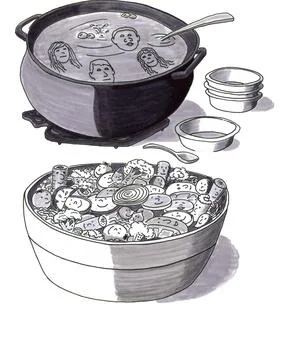 Grayscale Drawing of Many Faces in a Large Bowl of Soup and on Salad. Illustration