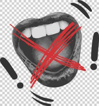 Grayscale flat design open mouth is showing on transparent canvas with red X and Stock Illustration
