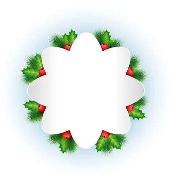 Grayscale frame with holly sprigs and pine branches on light blu Stock Illustration