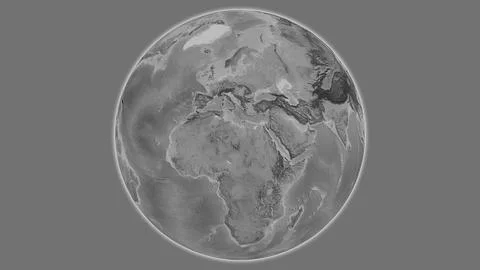 Grayscale globe map centered on Libya Stock Illustration