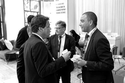 Grayscale group of delegates talking at an accountancy conference in Fotos Stock