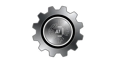 Grayscale illustration of a gear with an artificial intelligence microchip .. Illustrazione stock