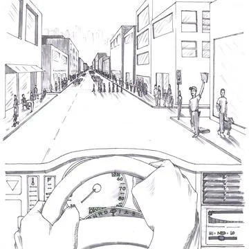 Grayscale Illustration Point of View of Driving in a City in the Day Stock Illustration