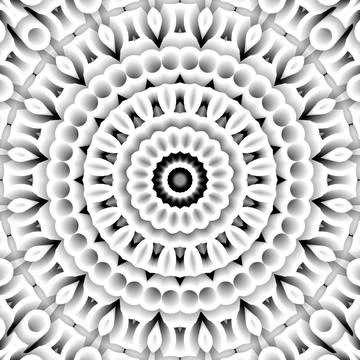 Grayscale kaleidoscope pattern with round layers; a 3D rendering Stockillustratie