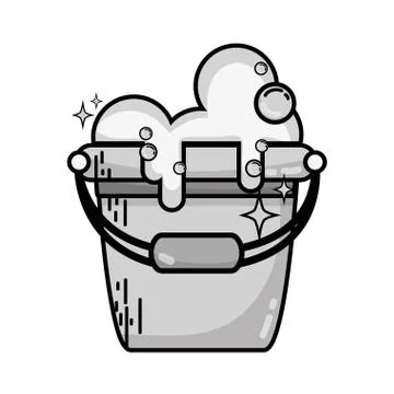 Grayscale laundry pail with detergent bubbles to clean Stock Illustration