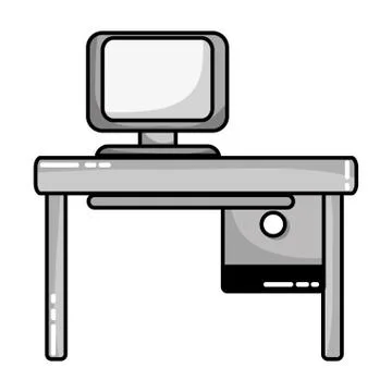 Grayscale office with computer technology and wood desk Stock Illustration