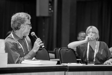 Grayscale shot of delegates discussing something at the accountancy conference. Fotos Stock