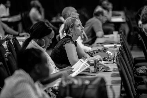 Grayscale shot of delegates discussing something at the accountancy conference. Fotos Stock