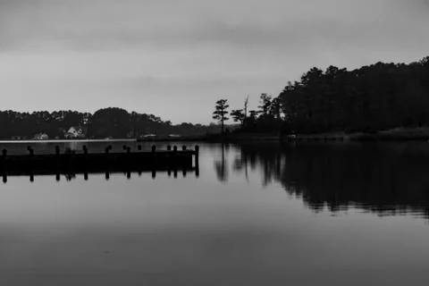Grayscale shot of a lake scape with calm water and forest on the side Stock Photos