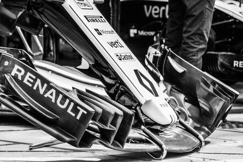 Grayscale shot of a Renault R.S.18 ready for the race in the 2018 Formula 1 race Stock Photos