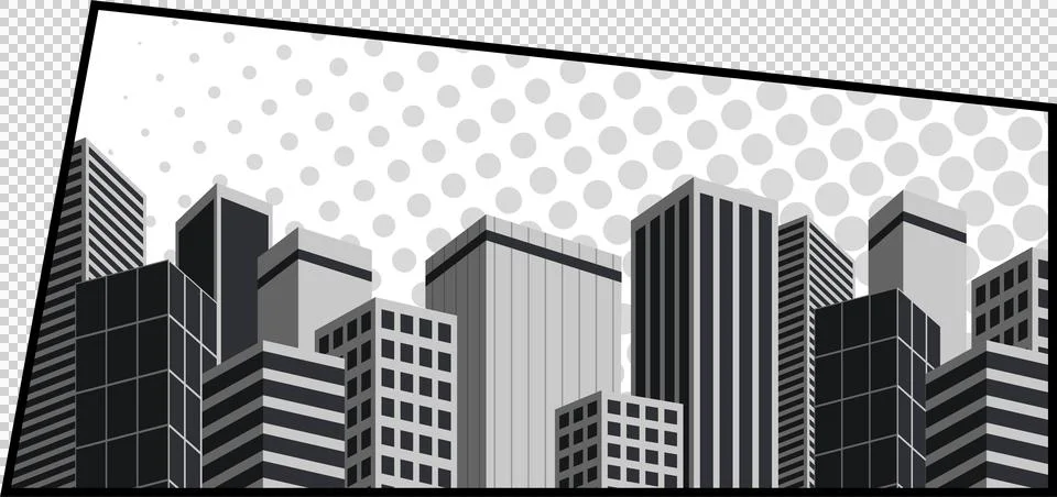Grayscale skyline is rotating with grid window skyscrapers and halftone on 스톡 일러스트